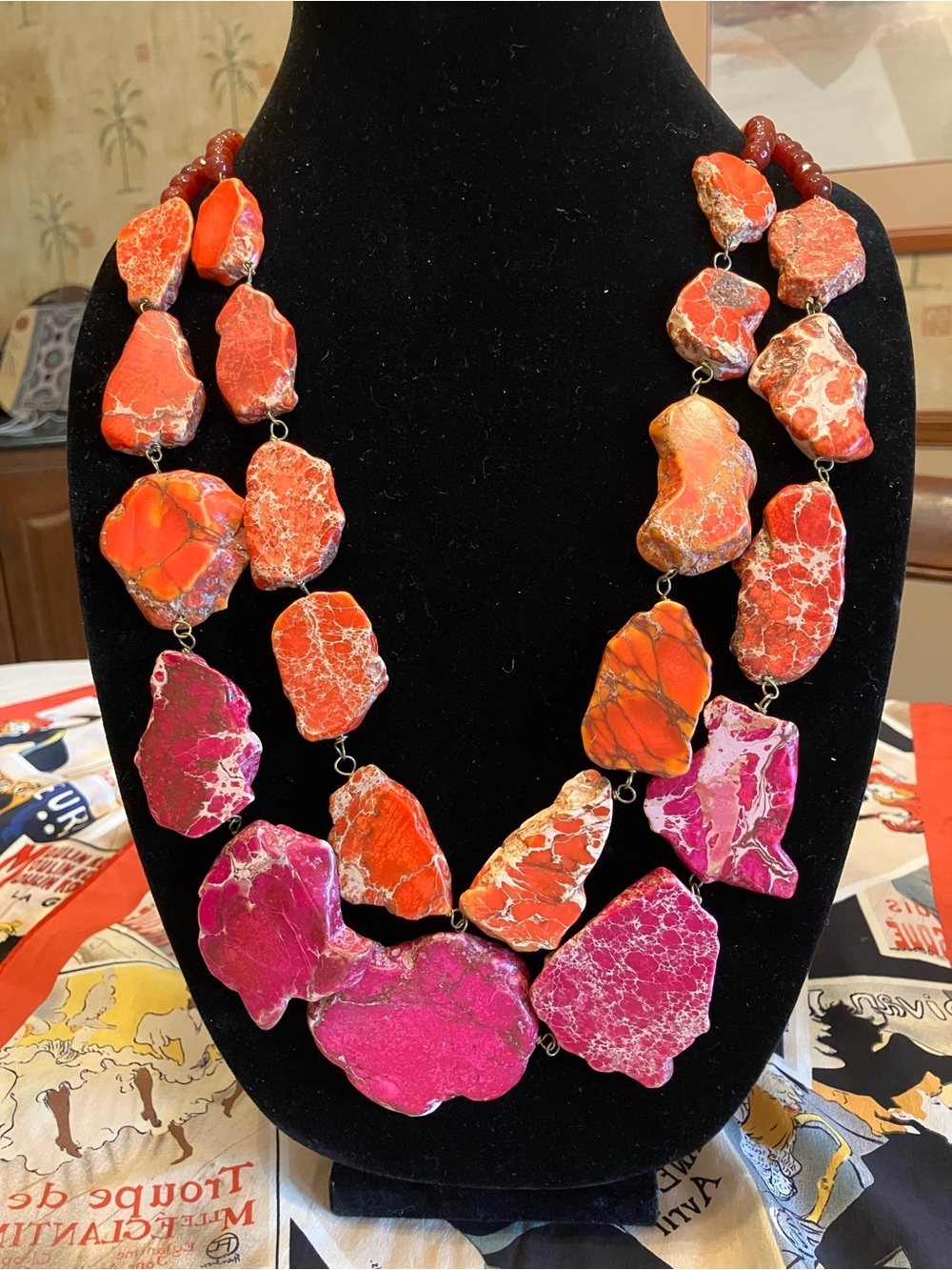 RED/ORANGE AND PINK SEA SEDIMENT  JASPER STATEMENT NECKLACE - Picture 4 of 12